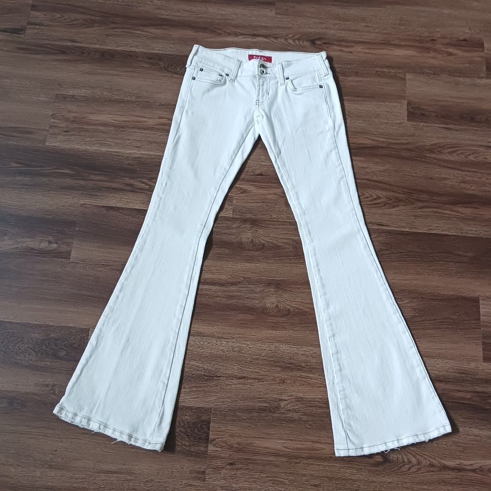 Hollister Co Ivory Low Rise Flare Jeans Double Button Frayed Hem Size 0R Y2K
